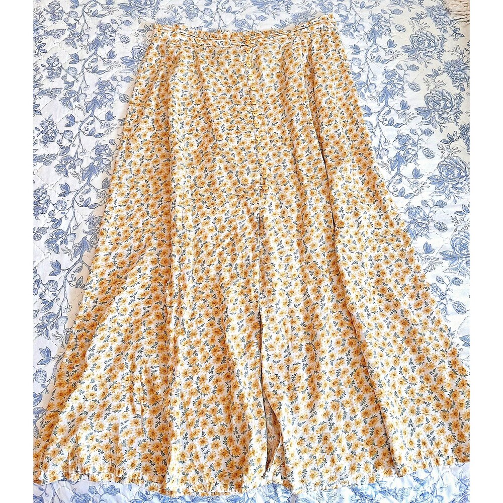 VTG 90s Yellow Floral Express Maxi Half Button Front Slit Rayon Size XL *